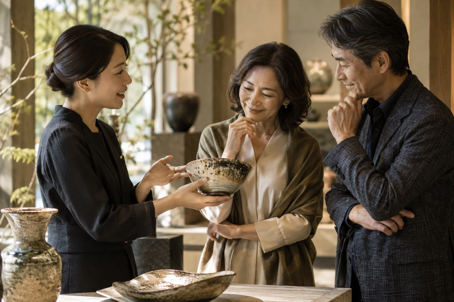 展示した工芸品を見ながら、担当者と来場者が話すイメージ